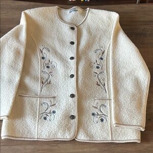 Vintage Folk Embroidered 100 % pure Wool Sweater Mat fashion cream Cardigan,